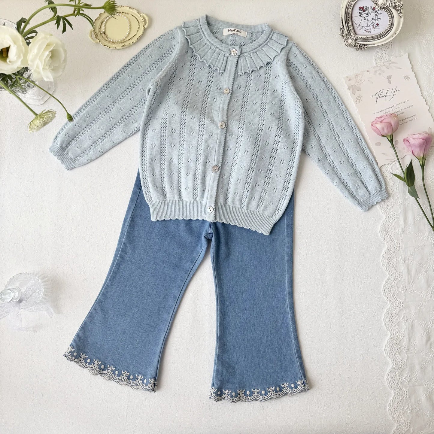 -キッズカーディガン レースニットトップス フリル お出かけ ブルー/ピンク/2カラー - mamahalo shop - カーディガン・パーカー -  べビー服 - 子供服 - 男の子 - 女の子