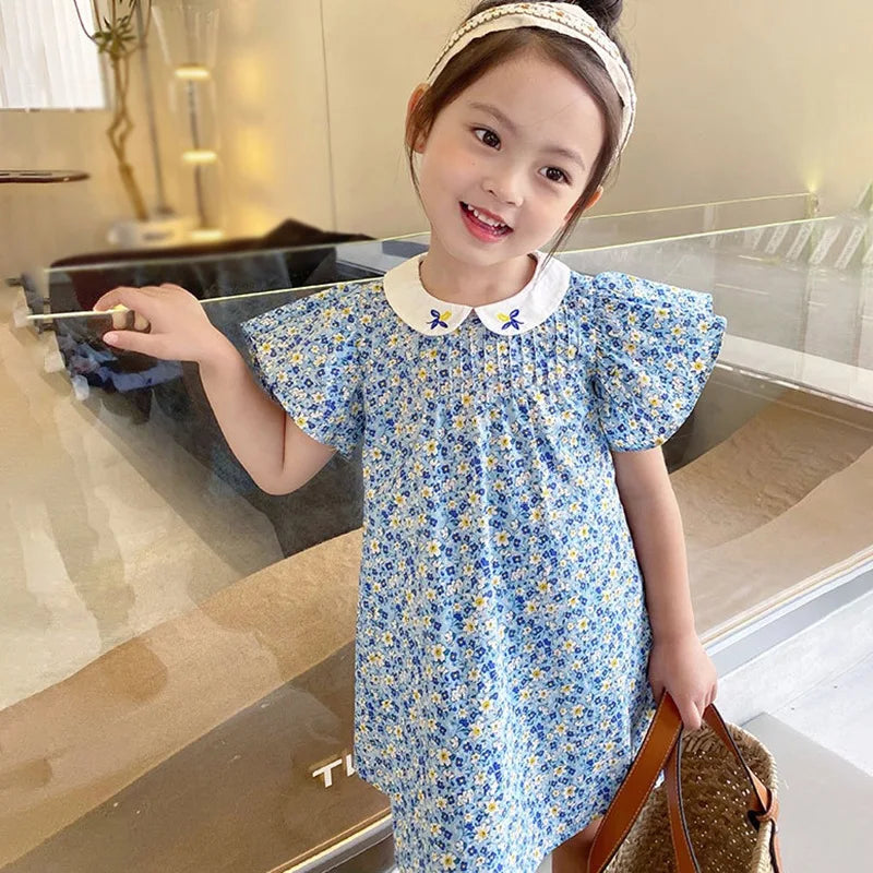 -キッズワンピース 半袖フライングスリーブワンピース 丸襟 フラワー花柄プリント 刺繍 ブルー【mh0006049】 - mamahalo shop - 半袖ワンピース -  べビー服 - 子供服 - 男の子 - 女の子
