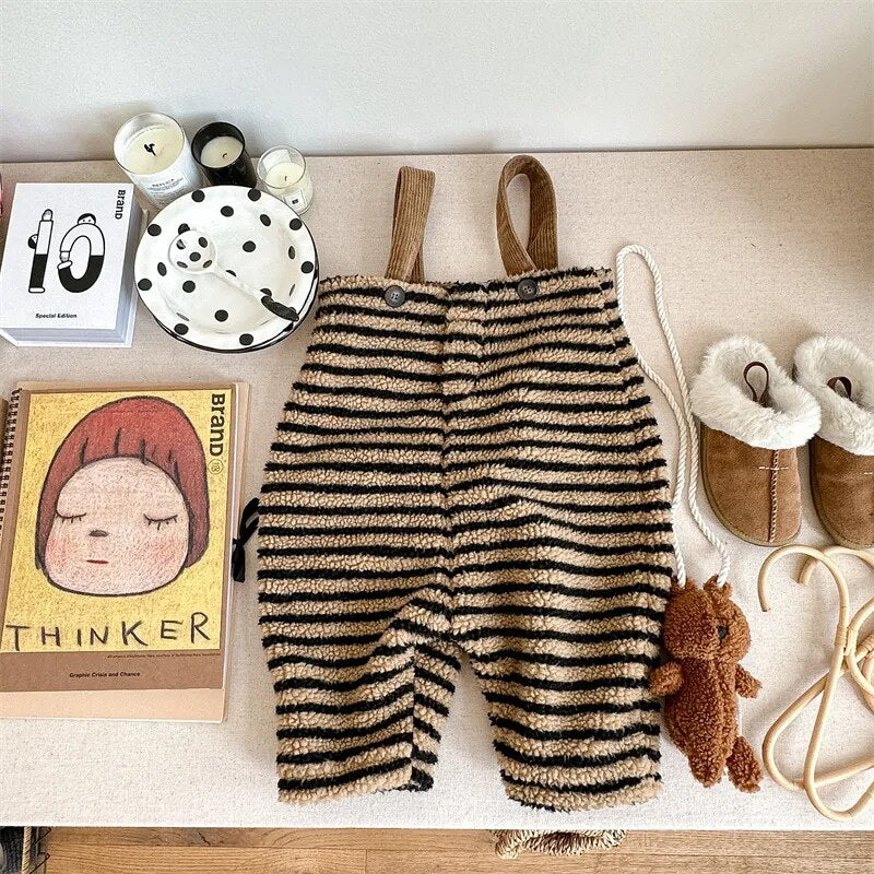 -キッズ フリースサロペットパンツ サスペンダーパンツ ボーダー ブルー コーヒー 2カラー ユニセックス 男の子 女の子 子供服 - mamahalo shop - サロペットパンツ・サスペンダーパンツ -  べビー服 - 子供服 - 男の子 - 女の子