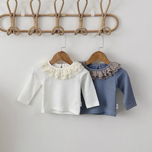 -ベビートップス ボリュームレースラッフル襟長袖カットソーTシャツ 2カラー - mamahalo shop - 長袖Tシャツ -  べビー服 - 子供服 - 男の子 - 女の子