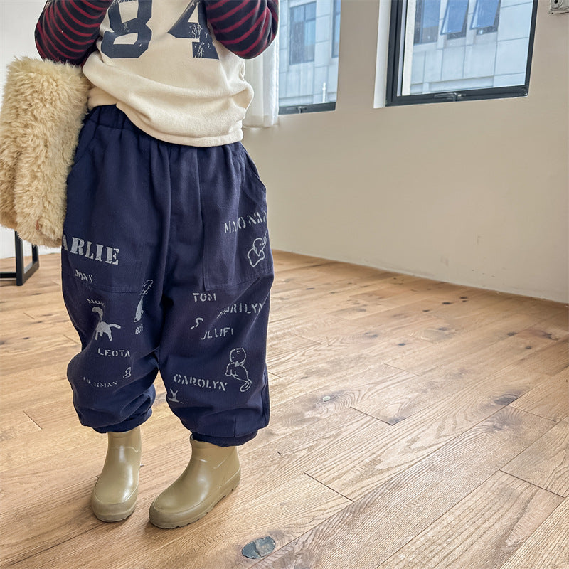 -キッズパンツ 裏フリース アニマルプリント ロングパンツ 暖パン カーキ ブルー 2カラー ボーイズ 男の子 子供服 - mamahalo shop - ロングパンツ・スウェットパンツ -  べビー服 - 子供服 - 男の子 - 女の子