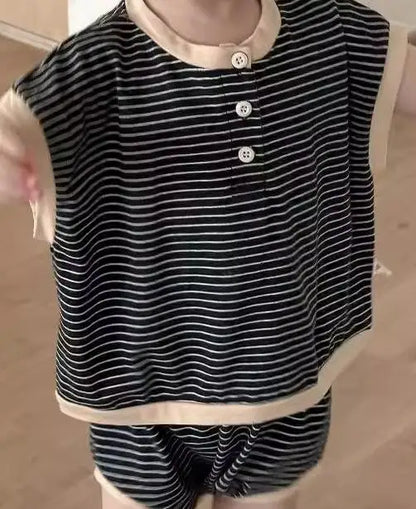 -ベビーキッズセットアップ 2点セット 半袖Tシャツ+ショートパンツ ボーダー【mh0005605】 - mamahalo shop - 半袖セットアップ -  べビー服 - 子供服 - 男の子 - 女の子