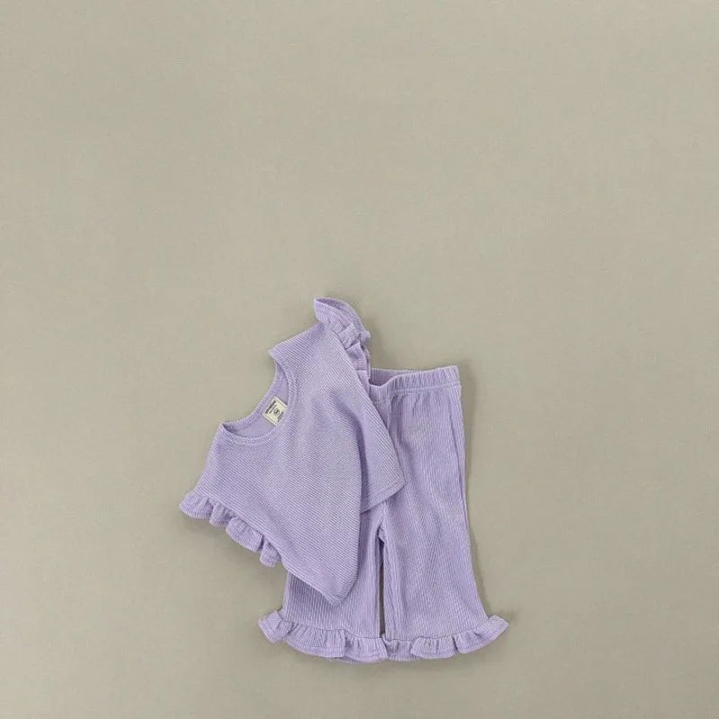 -キッズセットアップ 2点セット フリルスリーブTシャツ+裾フリルルーズロングパンツ 4カラー【mh0005388】 - mamahalo shop - 半袖セットアップ -  べビー服 - 子供服 - 男の子 - 女の子