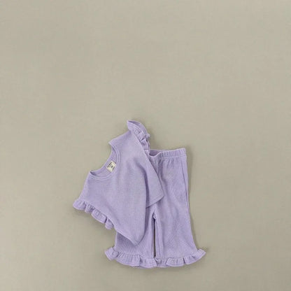 -キッズセットアップ 2点セット フリルスリーブTシャツ+裾フリルルーズロングパンツ 4カラー【mh0005388】 - mamahalo shop - 半袖セットアップ -  べビー服 - 子供服 - 男の子 - 女の子