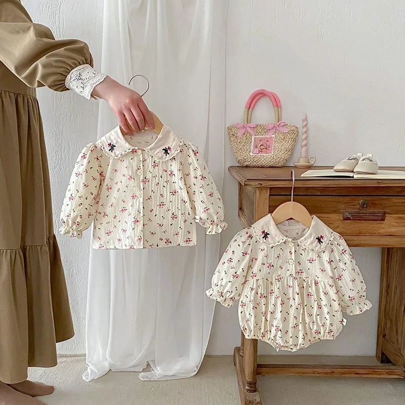 -ベビーロンパース/トップス 長袖 フラワー小花柄プリント刺繍【mh0006459】 - mamahalo shop - 長袖ロンパース -  べビー服 - 子供服 - 男の子 - 女の子