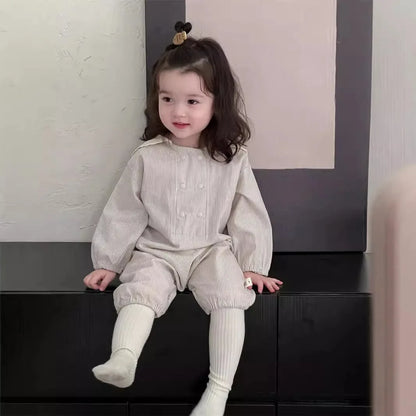 -ベビージャンプスーツ セーラーカラーストライプ/無地長袖つなぎ 2カラー - mamahalo shop - 長袖ジャンプスーツ -  べビー服 - 子供服 - 男の子 - 女の子