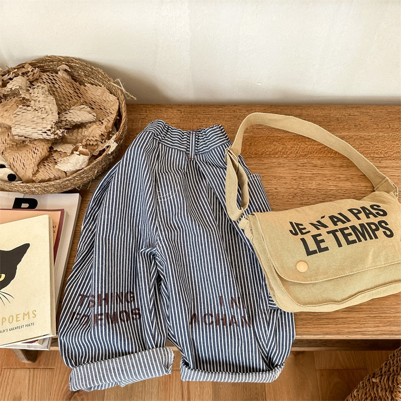 -キッズ ストライプ レターロゴ プリント ルーズ ヒッコリー パンツ ボーイズ - mamahalo shop - ロングパンツ・スウェットパンツ -  べビー服 - 子供服 - 男の子 - 女の子