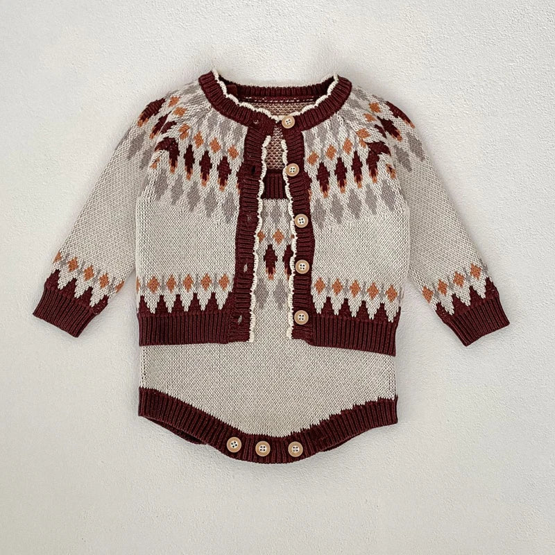 -ベビーカーディガン/ロンパース レトロ幾何学ニットジャケット/サスペンダーニットボディスーツ【mh0006984】 - mamahalo shop - ロンパースセットアップ -  べビー服 - 子供服 - 男の子 - 女の子