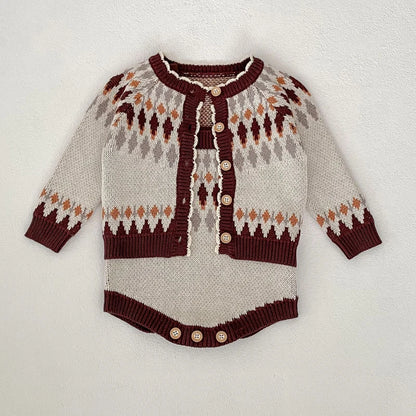 -ベビーカーディガン/ロンパース レトロ幾何学ニットジャケット/サスペンダーニットボディスーツ【mh0006984】 - mamahalo shop - ロンパースセットアップ -  べビー服 - 子供服 - 男の子 - 女の子