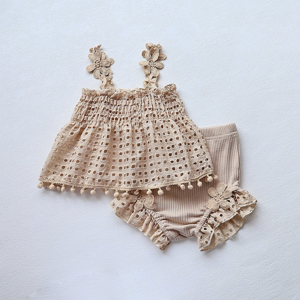 -ベビー セットアップ レース フラワー キャミソール チュニック ブラウス フリル ブルマパンツ ショートパンツ ガールズ【mh0002162】 - mamahalo shop - ノースリーブセットアップ -  べビー服 - 子供服 - 男の子 - 女の子