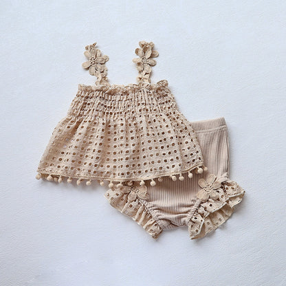 -ベビー セットアップ レース フラワー キャミソール チュニック ブラウス フリル ブルマパンツ ショートパンツ ガールズ【mh0002162】 - mamahalo shop - ノースリーブセットアップ -  べビー服 - 子供服 - 男の子 - 女の子