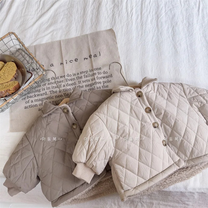 -キッズアウター 裏ボアフリース キルティングコート 厚手ジャケット グレー ベージュ 2カラー - mamahalo shop - ショートコート・ジャケット・ジャンパー -  べビー服 - 子供服 - 男の子 - 女の子