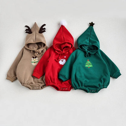 -ベビー長袖ロンパース ボンネットセット クリスマス サンタ トナカイ クリスマスツリー コスチューム  帽子つき 3カラー ユニセックス 男の子 女の子 子供服 - mamahalo shop - 長袖ロンパース -  べビー服 - 子供服 - 男の子 - 女の子