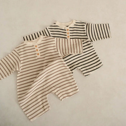 -ベビーロンパース ワッフル 長袖ジャンプスーツ ボーダー柄 帽子セット - mamahalo shop - 長袖ロンパース -  べビー服 - 子供服 - 男の子 - 女の子