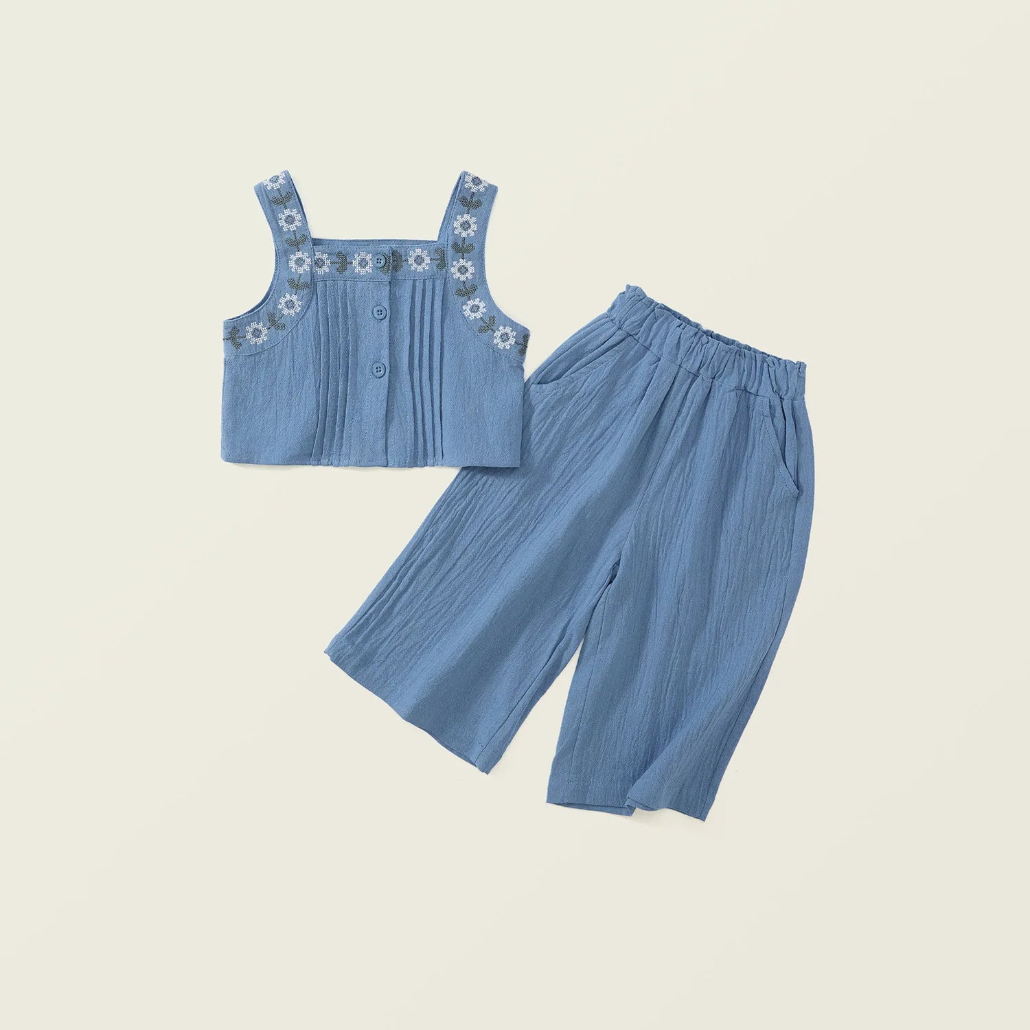 -キッズセットアップ 2点セット キャミソールトップス+ワイドルーズパンツ フラワー花柄刺繍 2カラー - mamahalo shop - ノースリーブセットアップ -  べビー服 - 子供服 - 男の子 - 女の子