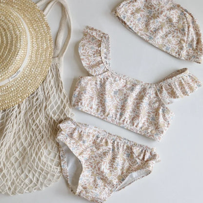 -キッズ水着 ガールズ ビキニ セパレート フリルトップス+パンツ+帽子セット フラワープリント 2カラー スイムウェア【mh0005995】 - mamahalo shop - ベビー用水着 -  べビー服 - 子供服 - 男の子 - 女の子