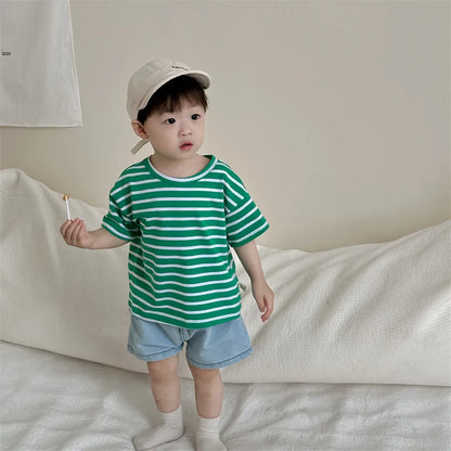 -ベビートップス/パンツ 半袖ボーダーTシャツ/デニムショートパンツ【mh0006294】 - mamahalo shop - 半袖セットアップ -  べビー服 - 子供服 - 男の子 - 女の子