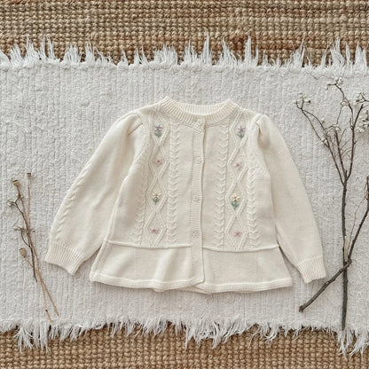 -キッズカーディガン フラワー花柄刺繍ペプラムフリルニットジャケット 2カラー - mamahalo shop - カーディガン・パーカー -  べビー服 - 子供服 - 男の子 - 女の子