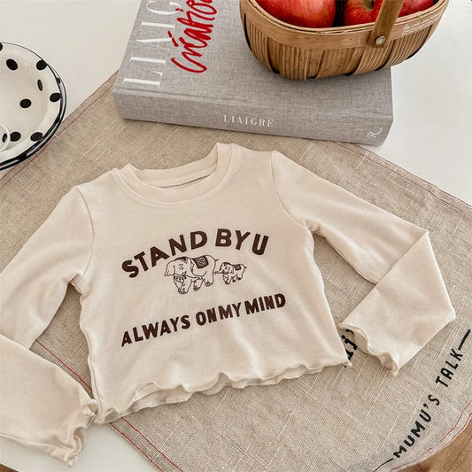 -キッズトップス 長袖Tシャツ 裾袖フリル レターロゴプリント ベージュ/ブルー/2カラー - mamahalo shop - 長袖Tシャツ -  べビー服 - 子供服 - 男の子 - 女の子