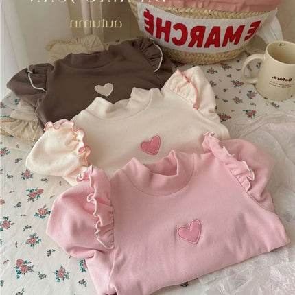 キッズトップス ハート刺繍ショルダーフリル長袖Tシャツ 3カラー - mamahalo shop - 長袖Tシャツ -  べビー服 - 子供服 - 男の子 - 女の子