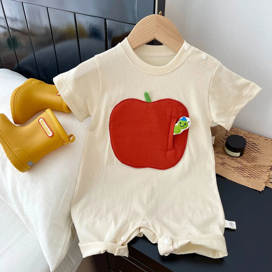 -ベビーロンパース 半袖ジャンプスーツ バナナ りんご パッチワークアップリケ 2カラー【mh0005452】 - mamahalo shop - 半袖ロンパース -  べビー服 - 子供服 - 男の子 - 女の子