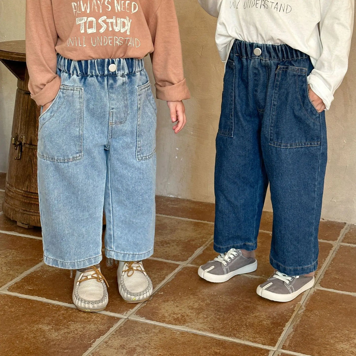 -キッズパンツ デニムルーズワイドパンツ シンプルベーシックジーンズ 2カラー - mamahalo shop - デニムパンツ -  べビー服 - 子供服 - 男の子 - 女の子