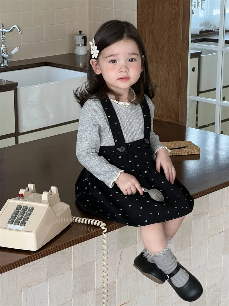 -キッズトップス/スカート レース縁取り長袖カットソーTシャツ/サスペンダースカート - mamahalo shop - 長袖セットアップ -  べビー服 - 子供服 - 男の子 - 女の子