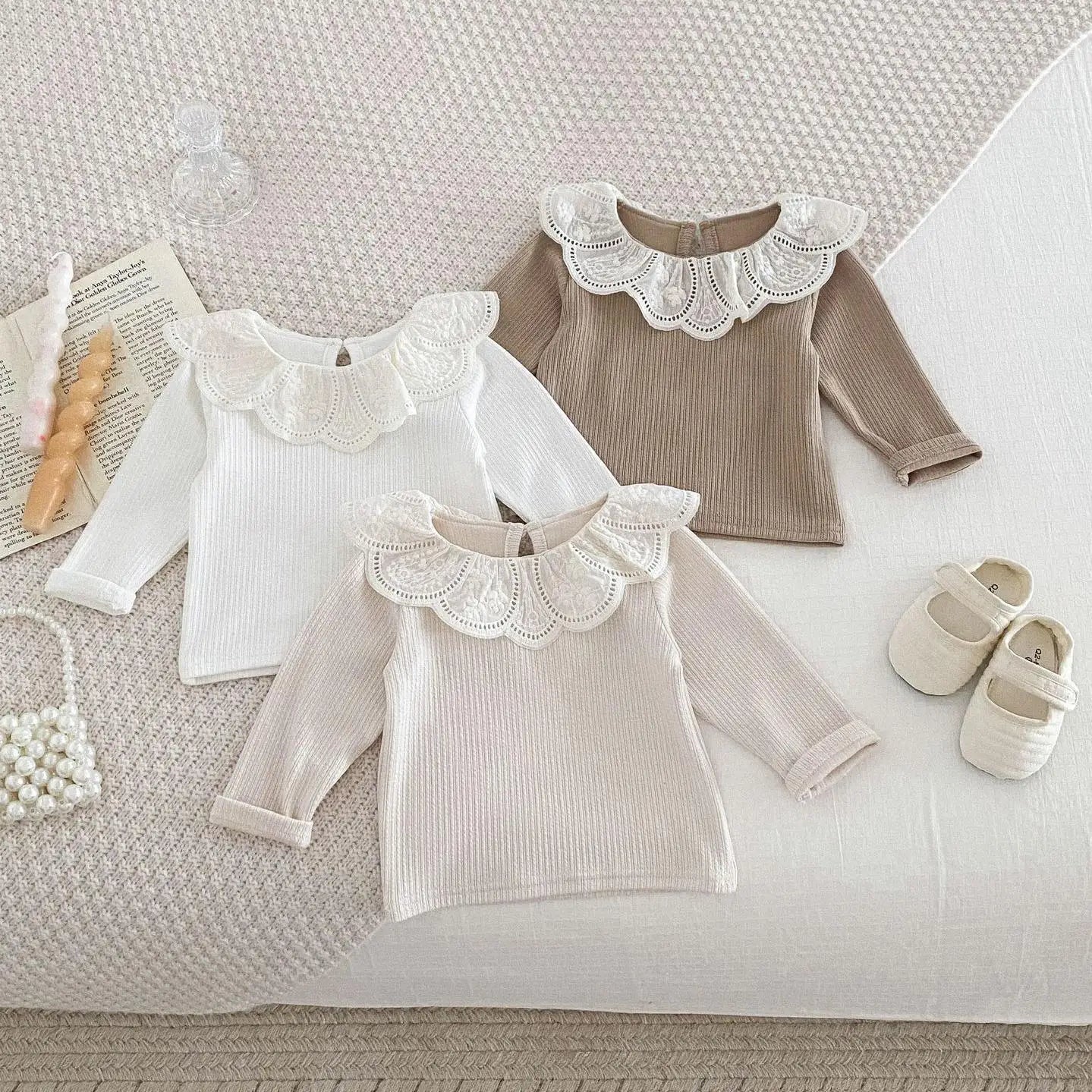 -ベビートップス レースフラワー襟 長袖Tシャツ 3カラー【mh0006437】 - mamahalo shop - 長袖Tシャツ -  べビー服 - 子供服 - 男の子 - 女の子