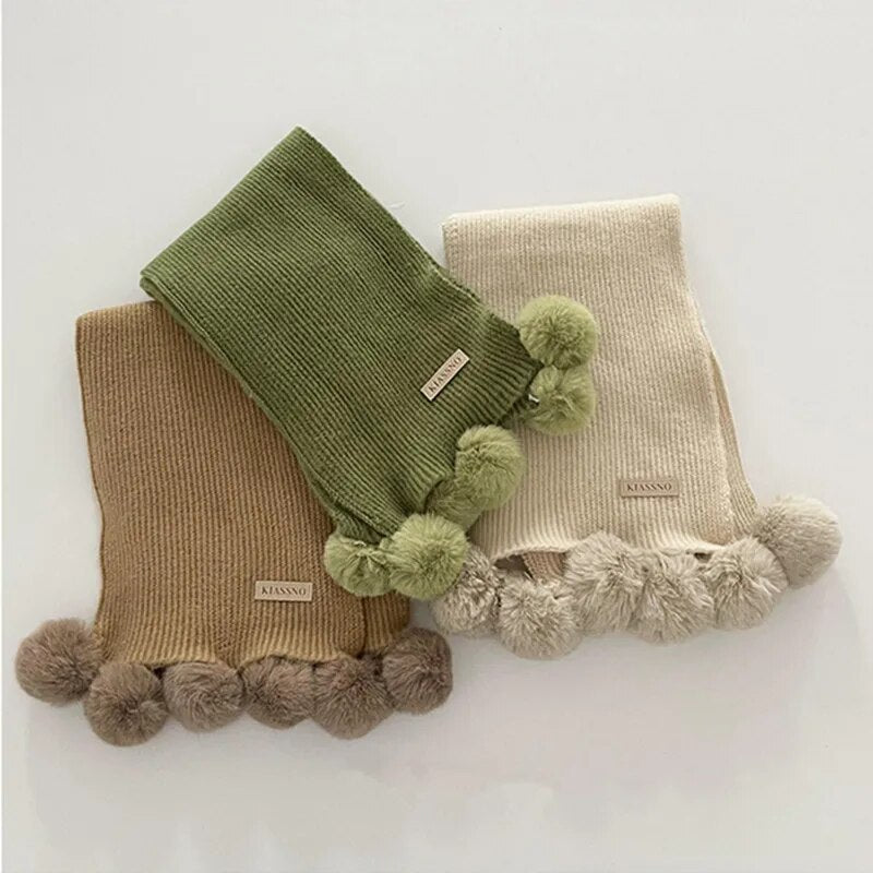 -キッズマフラー スカーフ ニット ぽんぽん付き ネックウォーマー 9カラー ガールズ 女の子 子供服 - mamahalo shop - ネックウォーマー -  べビー服 - 子供服 - 男の子 - 女の子