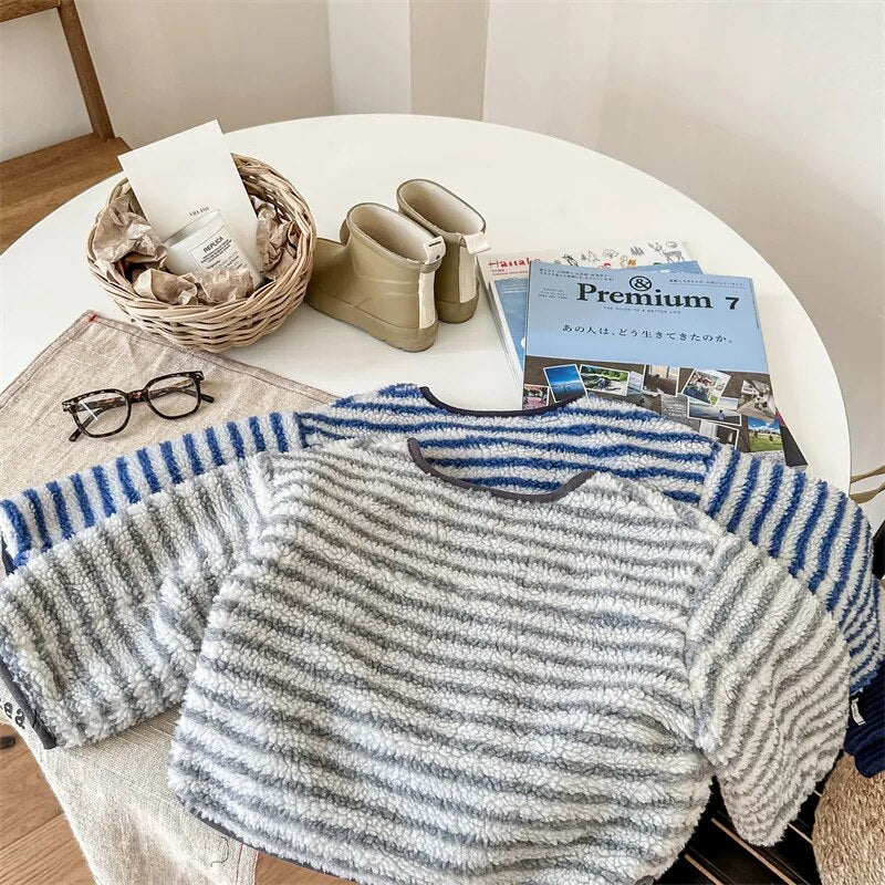 -キッズ フリースジャケット アウター ショートコート ボーダー グレー ブルー 2カラー ユニセックス 男の子 女の子 子供服 - mamahalo shop - ショートコート・ジャケット・ジャンパー -  べビー服 - 子供服 - 男の子 - 女の子