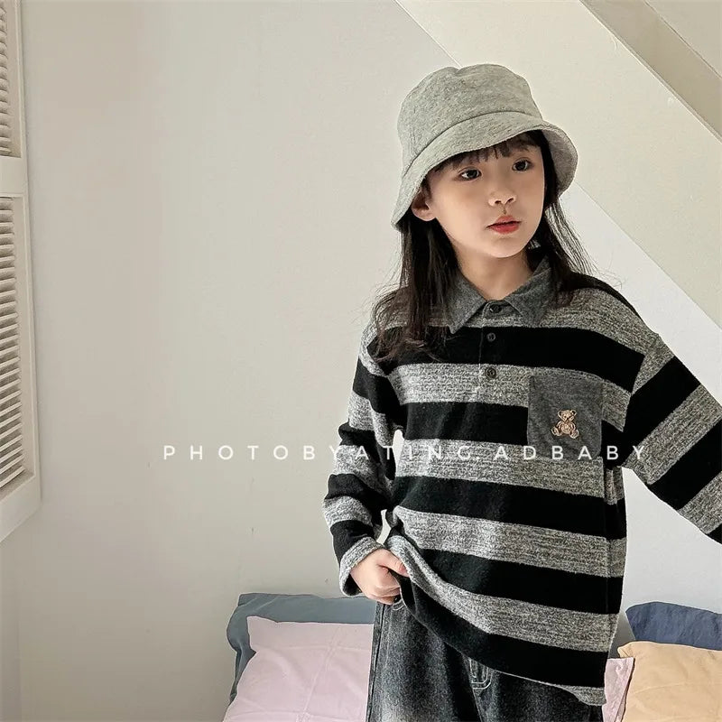 -キッズトップス ボーダー 長袖ポロシャツ くまベア刺繍 2カラー - mamahalo shop - 長袖シャツ・ブラウス -  べビー服 - 子供服 - 男の子 - 女の子