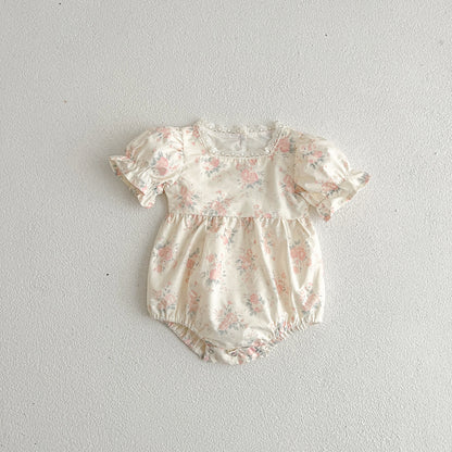-ベビーロンパース 半袖パフスリーブボディスーツ フラワー花柄プリント【mh0006062】 - mamahalo shop - 半袖ロンパース -  べビー服 - 子供服 - 男の子 - 女の子