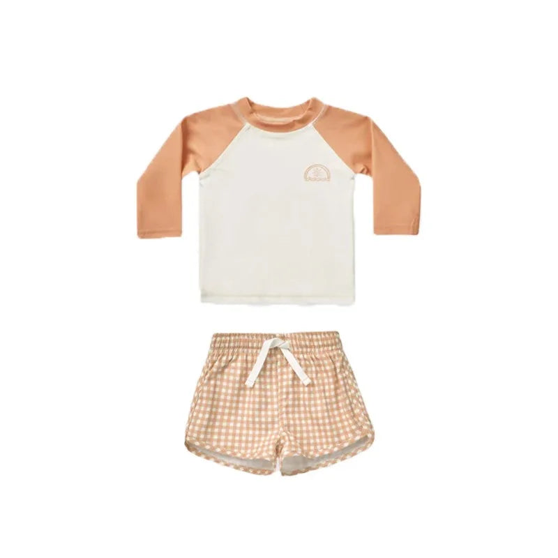 -キッズ水着 ボーイズ 長袖 セパレート トップス+パンツ ストライプ/チェック スイムウェア【mh0005994】 - mamahalo shop - ベビー用水着 -  べビー服 - 子供服 - 男の子 - 女の子