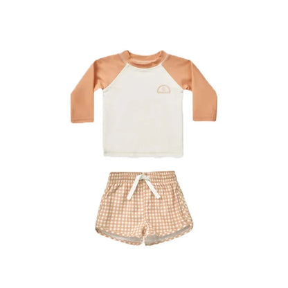 -キッズ水着 ボーイズ 長袖 セパレート トップス+パンツ ストライプ/チェック スイムウェア【mh0005994】 - mamahalo shop - ベビー用水着 -  べビー服 - 子供服 - 男の子 - 女の子