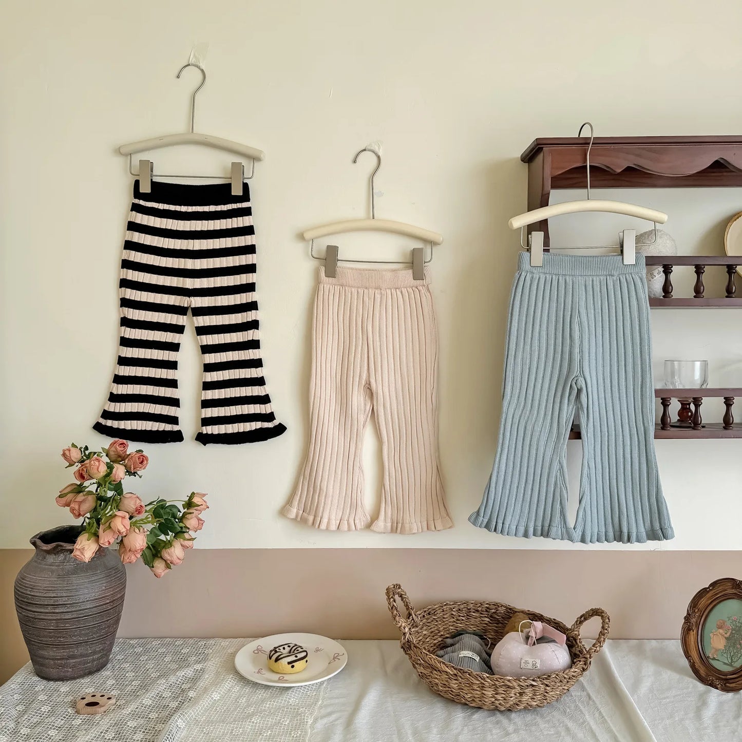 -キッズパンツ 太リブニットフレアレギンスパンツ 無地/ボーダー 3カラー - mamahalo shop - レギンスパンツ -  べビー服 - 子供服 - 男の子 - 女の子