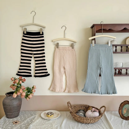 -キッズパンツ 太リブニットフレアレギンスパンツ 無地/ボーダー 3カラー - mamahalo shop - レギンスパンツ -  べビー服 - 子供服 - 男の子 - 女の子