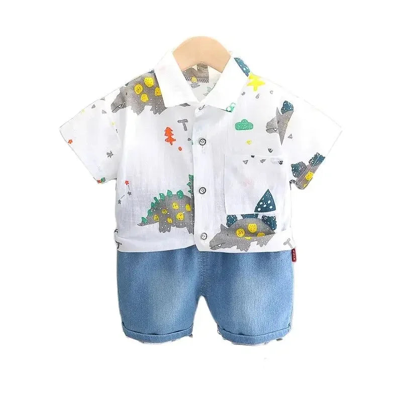 -キッズセットアップ 2点セット 半袖シャツ+デニムショートパンツ 恐竜ダイナソープリント 2カラー【mh0006520】 - mamahalo shop - 半袖セットアップ -  べビー服 - 子供服 - 男の子 - 女の子