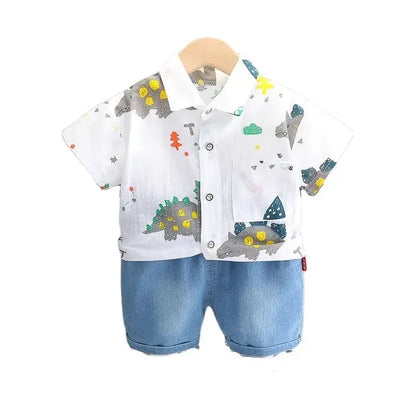 -キッズセットアップ 2点セット 半袖シャツ+デニムショートパンツ 恐竜ダイナソープリント 2カラー【mh0006520】 - mamahalo shop - 半袖セットアップ -  べビー服 - 子供服 - 男の子 - 女の子