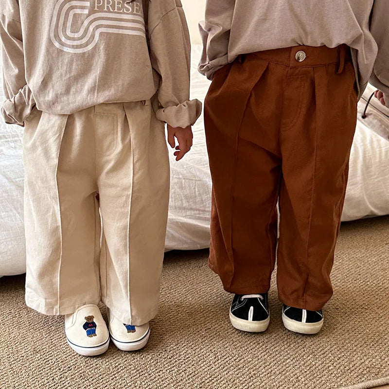 -キッズパンツ センタータック シンプルベーシック ルーズパンツ ベージュホワイト/コーヒー/2カラー - mamahalo shop - ロングパンツ・スウェットパンツ -  べビー服 - 子供服 - 男の子 - 女の子