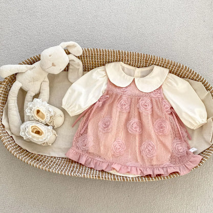 -ベビーセットアップ 2点セット 丸襟長袖ロンパース+ローズレースエプロンノースリーブベストドレスワンピース 2カラー - mamahalo shop - ロンパースセットアップ -  べビー服 - 子供服 - 男の子 - 女の子