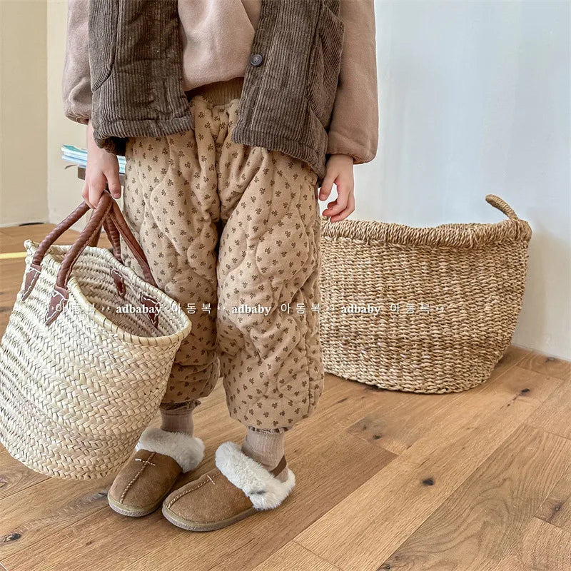 -キッズパンツ キルティング裏フリース フラワー 花柄プリントパンツ 暖パン 2カラー ガールズ 女の子 子供服 - mamahalo shop - ロングパンツ・スウェットパンツ -  べビー服 - 子供服 - 男の子 - 女の子