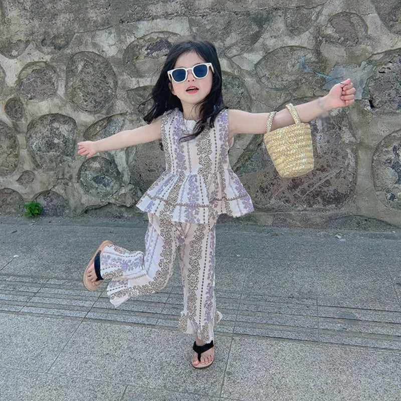 -キッズセットアップ 2点セット ノースリーブペプラムトップス+ワイドルーズパンツ【mh0005760】 - mamahalo shop - ノースリーブセットアップ -  べビー服 - 子供服 - 男の子 - 女の子