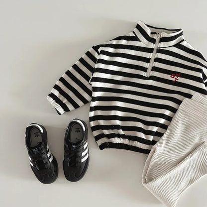 -キッズトップス ハーフジップ長袖スウェットシャツ ボーダー 2カラー【mh0004678】 - mamahalo shop - トレーナー・フーディ -  べビー服 - 子供服 - 男の子 - 女の子