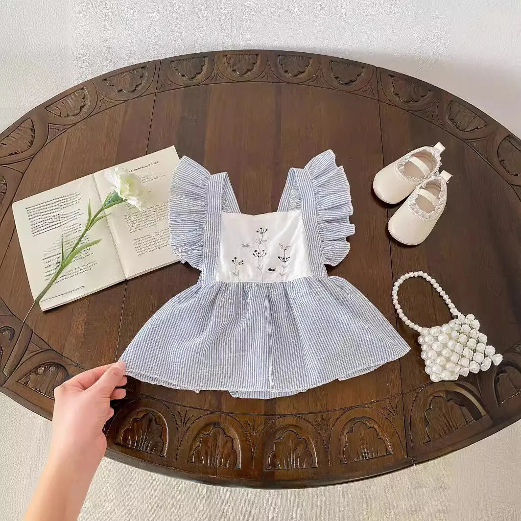 -ベビーロンパース フリルスリーブ ワンピースボディスーツ フラワー花柄刺繍 2カラー - mamahalo shop - 半袖ワンピース -  べビー服 - 子供服 - 男の子 - 女の子