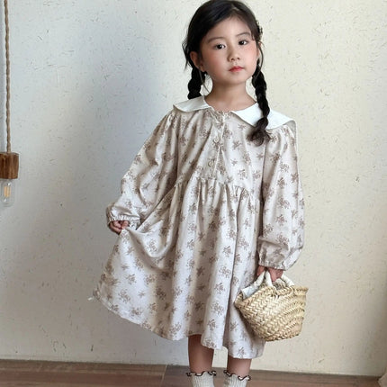 キッズワンピース フラワープリントセーラーカラー長袖ワンピース - mamahalo shop - 長袖ワンピース -  べビー服 - 子供服 - 男の子 - 女の子