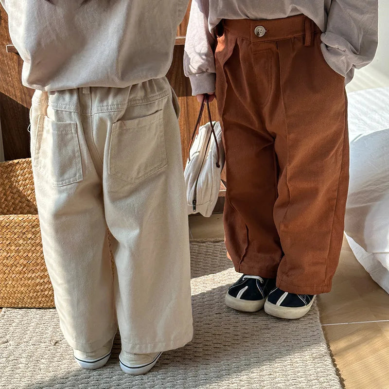 -キッズパンツ センタータック シンプルベーシック ルーズパンツ ベージュホワイト/コーヒー/2カラー - mamahalo shop - ロングパンツ・スウェットパンツ -  べビー服 - 子供服 - 男の子 - 女の子