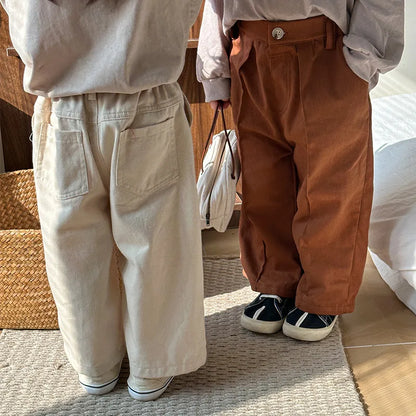 -キッズパンツ センタータック シンプルベーシック ルーズパンツ ベージュホワイト/コーヒー/2カラー - mamahalo shop - ロングパンツ・スウェットパンツ -  べビー服 - 子供服 - 男の子 - 女の子