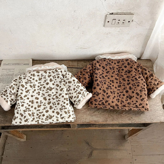 -ベビー ショートコート 裏ボア フラワー 花柄プリント アウター ベージュ ブラウン 2カラー ガールズ 女の子 子供服 - mamahalo shop - ショートコート・ジャケット・ジャンパー -  べビー服 - 子供服 - 男の子 - 女の子