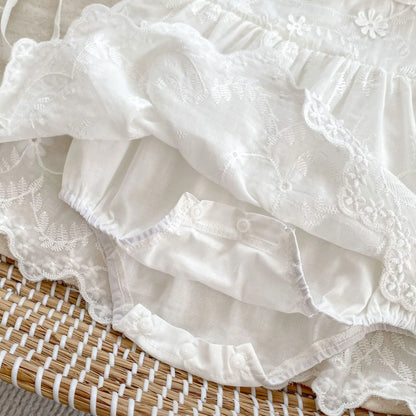 -ベビーロンパース レースフリル 半袖ベビードレス ボンネット帽子セット ホワイト【mh0005462】 - mamahalo shop - 半袖ロンパース -  べビー服 - 子供服 - 男の子 - 女の子
