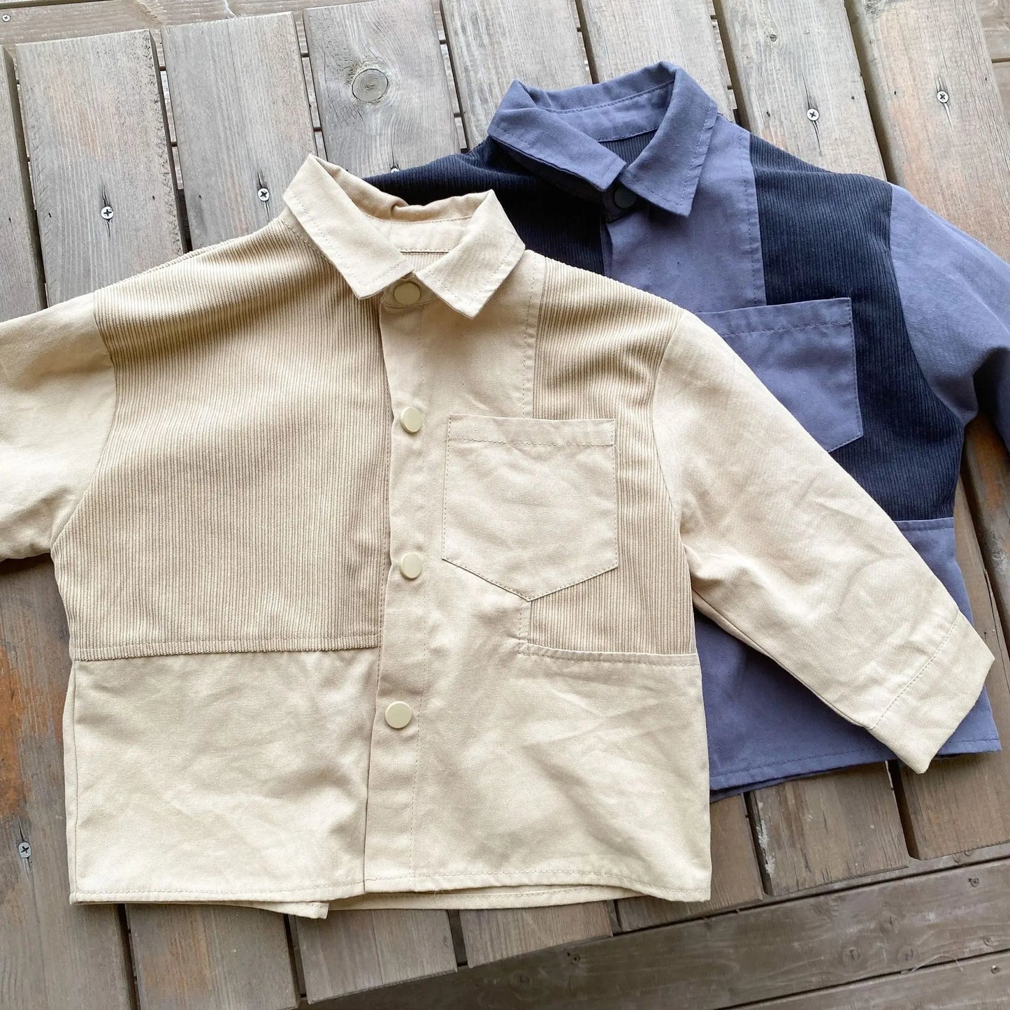 -キッズトップス パッチワーク長袖オーバーシャツ 2カラー【mh0007052】 - mamahalo shop - 長袖シャツ・ブラウス -  べビー服 - 子供服 - 男の子 - 女の子